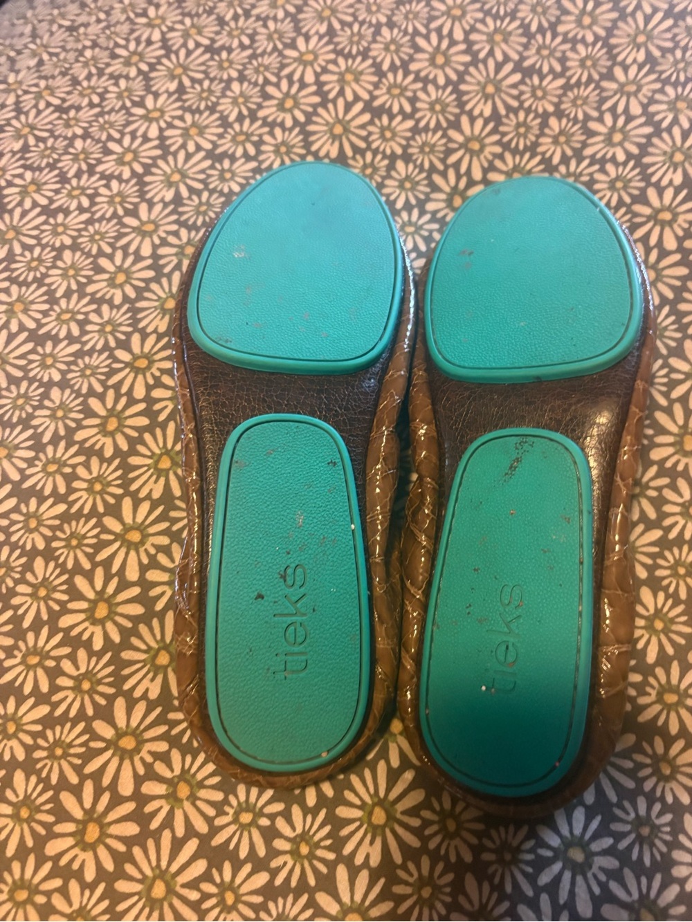 Tieks Brown Croc-Embossed Leather Ballet Flats with Teal Accent - Picture 6 of 7